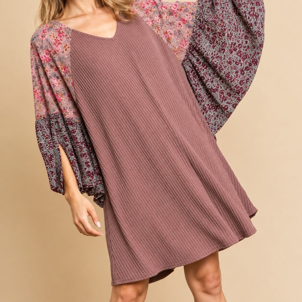 Umgee USA Dress Womens S Mauve Floral Leopard Balloon Sleeve Boho Tunic